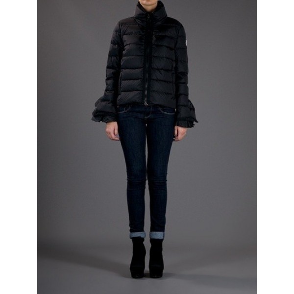Moncler Donna Giù cappotto Fiore Hem Nero Presa M1148